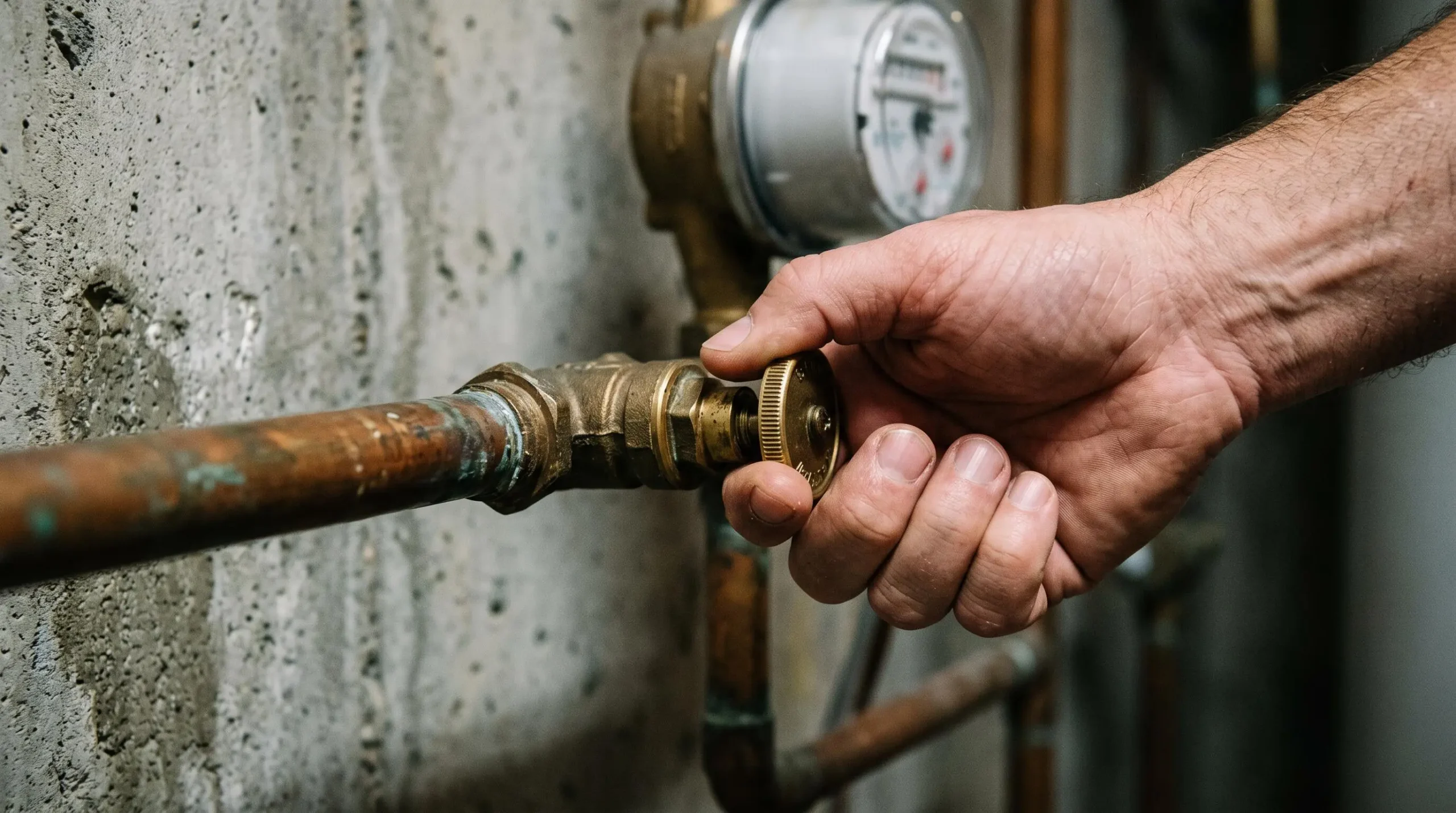 Main fermant une valve d'arrêt principal d'eau sur une installation de plomberie résidentielle
