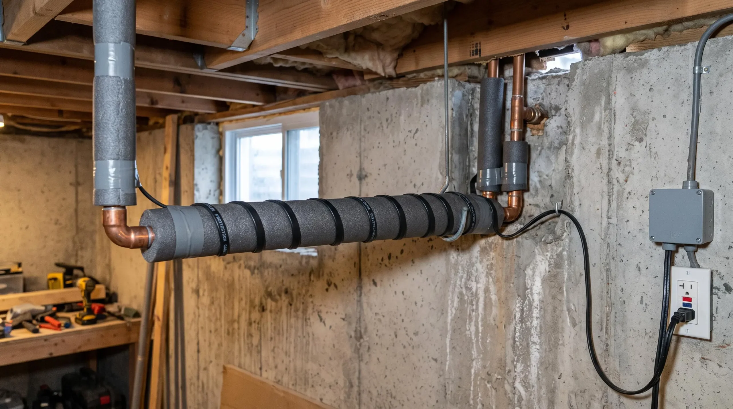 Tuyaux de cuivre protégés avec isolation en mousse et câble chauffant électrique près d'un mur de fondation extérieur