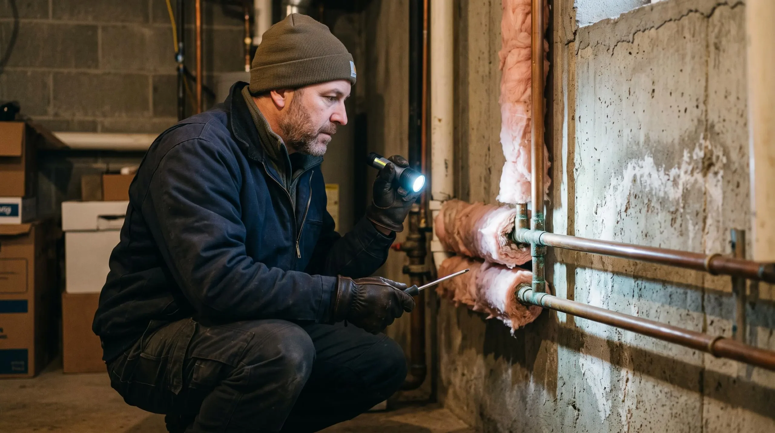 Plombier inspectant des tuyaux de cuivre isolés dans un sous-sol résidentiel près d'un mur extérieur