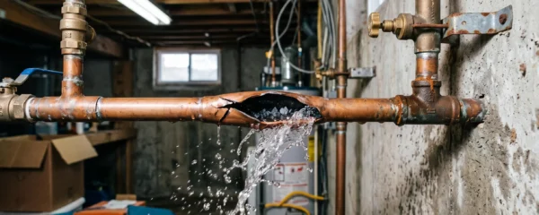 Tuyau de cuivre éclaté avec eau jaillissant activement dans un sous-sol résidentiel