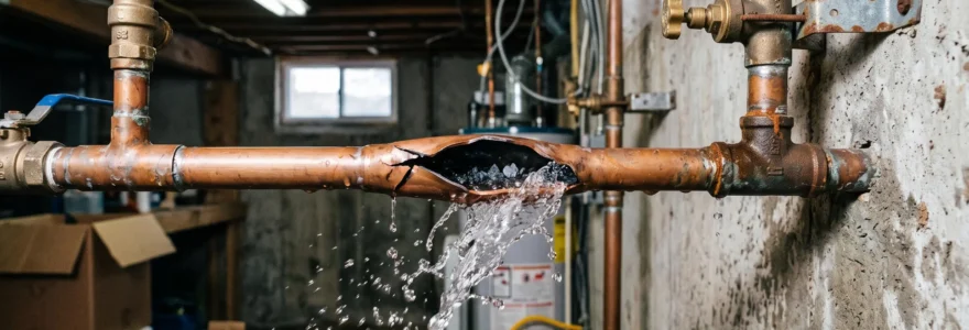Tuyau de cuivre éclaté avec eau jaillissant activement dans un sous-sol résidentiel